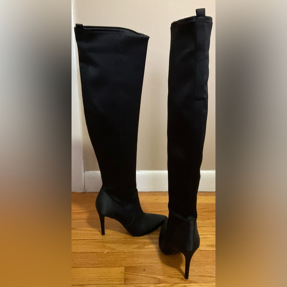 Nine west over the knee black Satin Material. Sz. 7 1/2 heeled boots Never worn